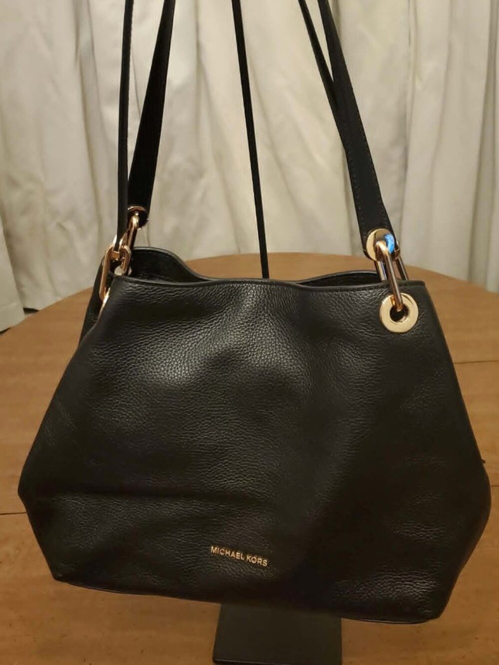 MICHAEL Kors Black Gold Raven Large Pebbled Leather Shoulder Tote Bag